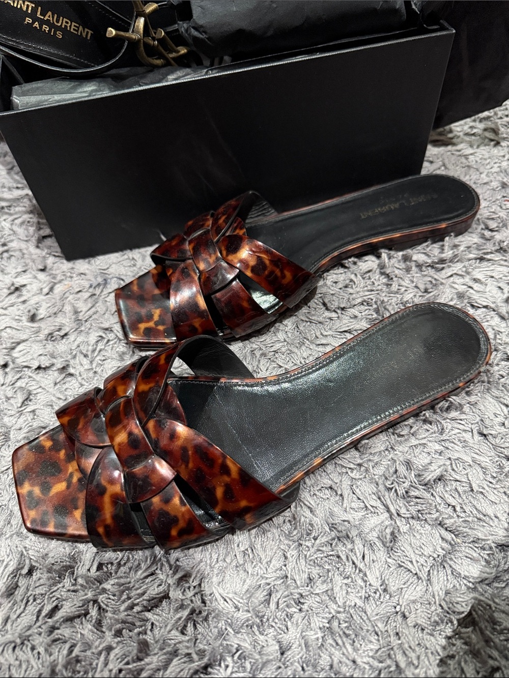 Saint Laurent Tortoiseshell Braided Slide Mules in Brown & Black
